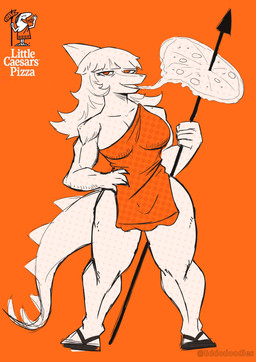 anthro big_breasts bone_frill breasts clothed clothed_anthro clothed_female clothing female fingers flip_flops food footwear frill_(anatomy) front_view hair half-closed_eyes hand_on_hip humanoid_hands logo long_hair looking_at_viewer muscular muscular_anthro muscular_female narrowed_eyes non-mammal_breasts orange_background orange_clothing pizza pose sandals shadow shoes simple_background solo spiked_tail spikes spikes_(anatomy) tail toga eddodoodle cavemanon_studios i_wani_hug_that_gator little_caesars mia_moretti dinosaur hadrosaurid ornithischian ornithopod parasaurolophus prehistoric_species reptile scalie absurd_res colored full-length_portrait hi_res portrait reference_image restricted_palette shaded