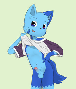 anthro balls blue_body blue_eyes blue_fur bottomless clothed clothing erection foreskin fur genitals gesture hand_gesture humanoid_genitalia humanoid_penis looking_at_viewer male navel nipples partially_retracted_foreskin penis pointing shirt shirt_only simple_background smile smiling_at_viewer solo t-shirt t-shirt_only tongue tongue_out topwear topwear_only young young_anthro young_male hazumazu haziq_(hazumazu) domestic_cat felid feline felis mammal 2022 hi_res