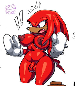 anthro balls big_breasts breasts brown_body brown_skin clothing crossgender exclamation_point flaccid foreskin genitals gloves gynomorph handwear humanoid_genitalia humanoid_penis intersex mostly_nude_gynomorph mtg_crossgender mti_crossgender nipples penis purple_eyes red_body red_nipples simple_background solo tail white_background voideyedpanda sega sonic_the_hedgehog_(series) knuckles_the_echidna echidna mammal monotreme