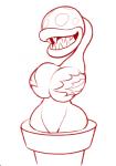 big_breasts breasts busty_fauna covering covering_breasts covering_nipples covering_self female huge_breasts non-mammal_breasts not_furry nude open_mouth plant sharp_teeth simple_background smile solo teeth tongue dakkpasserida mario_bros nintendo elemental_creature flora_fauna piranha_plant 2019 monochrome