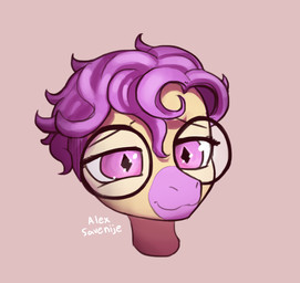 anthro big_glasses eyewear front_view glasses hair looking_at_viewer male multicolored_body purple_body purple_eyes purple_hair round_glasses short_hair simple_background smile solo tan_background tan_body text two_tone_body alexsavenije goodbye_volcano_high ko_op_(game_developer) sage_(gvh) dinosaur dromaeosaurid microraptor prehistoric_species reptile saurischian scalie theropod artist_name colored headshot_portrait portrait shaded