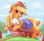 barn blonde_hair building clothed clothed_feral clothing cloud cowboy_hat destruction female feral freckles green_eyes hair hat headgear headwear hooves long_hair looking_at_viewer macro open_mouth open_smile plant sky smile solo tree underhoof graphene friendship_is_magic hasbro my_little_pony applejack_(mlp) earth_pony equid equine horse mammal pony 2018 absurd_res digital_media_(artwork) hi_res