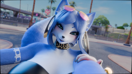 anthro blue_eyes blush duo eyewear female looking_at_viewer male male/female street sunglasses neumond_art dogzeela_(modeler) valorlynz_(modeler) arknights hypergryph nintendo star_fox studio_montagne aak_(arknights) krystal_(star_fox) canid canine felid feline fox mammal 16:9 3d_(artwork) 4k absurd_res digital_media_(artwork) hi_res widescreen