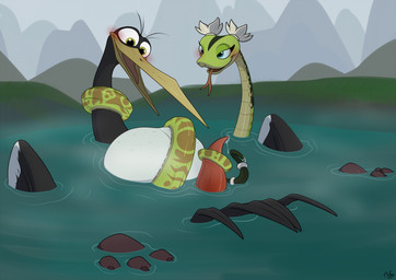 belly blush bodily_fluids duo erection feathered_wings feathers female feral feral_on_feral forked_tongue genital_fluids genitals interspecies long_beak male male/female penis precum smile tail tail_feathers tapering_penis tongue tongue_out water wings mcfan dreamworks kung_fu_panda master_crane master_viper avian bird crane_(bird) gruiform reptile scalie snake viper hi_res