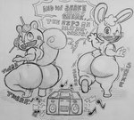 4_fingers anthro apple big_butt boombox buckteeth butt candy candy_apple cheek_tuft clothing crouching dessert duo exclamation_point facial_tuft fingers food footwear fruit head_tuft heart_nose heart_symbol lazy_eye lollipop long_ears looking_back male motion_lines musical_note musical_symbol on_one_leg one_eye_closed open_mouth plant rabbit_ears rear_view shaking_butt shoes slippers small_tail smile standing symbol tail teeth text thick_thighs tuft twerking fauxtellno1 happy_tree_friends cuddles_(htf) nutty_(htf) lagomorph leporid mammal rabbit rodent sciurid tree_squirrel 2024 absurd_res english_description english_text hi_res monochrome traditional_media_(artwork)