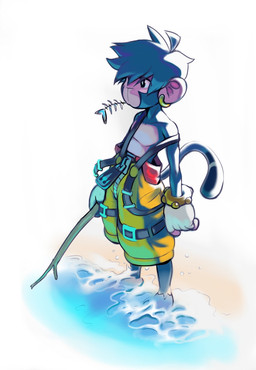 anthro blue_body blue_fur blue_hair bottomwear bracelet clothing ear_piercing ear_ring fishbone foot_in_water fur gold_ear_ring hair holding_object holding_stick jewelry light looking_away male object_in_mouth overalls pants piercing ring_piercing sand shirtless solo standing stick sunlight tail water yellow_bottomwear yellow_clothing yellow_pants zipper owy ooky_(character) haplorhine mammal monkey primate hi_res