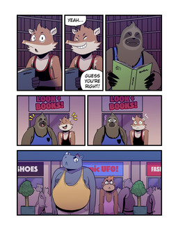 angry anthro black_clothing black_shirt black_topwear blue_clothing blue_shirt blue_topwear book bookshelf brown_body brown_fur clothing crowd dialogue door facial_horn front_view frown fur furniture grey_body grin group happy holding_book holding_object horn inside long_nose male mall nipples nose_horn overweight pink_clothing pink_shirt pink_topwear shirt smile speech_bubble standing tank_top text topwear triangle_nose upset yellow_clothing yellow_shirt yellow_topwear t0l0k background_character bert_(t0l0k) earl_(t0l0k) hector_(t0l0k) izzy_(t0l0k) haplorhine mammal monkey pilosan primate rhinoceros sengi sloth xenarthran comic english_text hi_res
