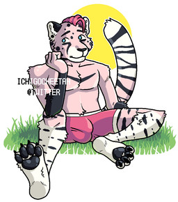 anthro black_body black_fur blue_eyes bulge clothed clothing fur grass hair male outside pink_body pink_fur pink_hair plant simple_background smile solo sun topless topless_anthro topless_male underwear underwear_only white_body white_fur strawberrycheetah cheetah felid feline mammal digital_drawing_(artwork) digital_media_(artwork)