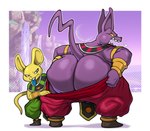 annoyed anthro big_butt bottomwear bottomwear_down butt clothed clothing duo egyptian egyptian_clothing fur gold_(metal) gold_jewelry half-closed_eyes huge_butt jewelry male narrowed_eyes open_mouth overweight overweight_anthro overweight_male pants pants_down partially_clothed purple_body purple_skin sharp_teeth teeth tongue tongue_out yellow_body yellow_fur yellow_sclera xingscourge dragon_ball dragon_ball_super champa quitela domestic_cat felid feline felis mammal mouse murid murine rodent hi_res