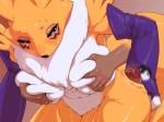4:3 anthro bandai_namco breast_grab breasts canid canine digimon digimon_(species) digiphilia duo erection female fur genitals half-closed_eyes hand_on_breast human human_on_anthro interspecies male male/female mammal multicolored_body multicolored_fur narrowed_eyes nezumi_(artist) nude penis renamon simple_background two_tone_body two_tone_fur white_body white_fur yellow_body yellow_fur