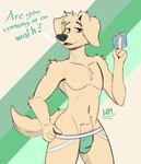absurd_res anthro beastars bird_dog brown_eyes canid canine canis clothed clothing condom domestic_dog genitals golden_retriever hi_res hunting_dog jack_(beastars) jockstrap jockstrap_only male mammal penis retriever sexual_barrier_device sketch solo tail topless underwear underwear_only whippedmint
