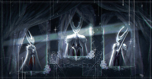 2_horns ambiguous_gender black_eyes clothed clothing empty_eyes flower group holding_melee_weapon holding_object holding_weapon horn knight melee_weapon plant shoulder_pads trio warrior weapon white_flower nacl hollow_knight_(franchise) team_cherry hollow_knight_(character) hornet_(hollow_knight) the_knight_(hollow_knight) arthropod vessel_(species) 2026 hi_res signature female_(lore) half_sister_(lore) sibling_(lore) sister_(lore)