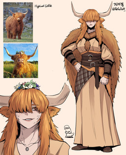 bangs breasts brown_eyes cape clothed clothing comparison creature_and_personification dress eyebrow_through_hair eyebrows female feral flower flower_crown freckles hair hair_over_eye horn humanoidized orange_hair photo photo_reference plant real reference_inset translucent translucent_hair gegegekman animal_humanoid beef_cattle bovid bovid_humanoid bovine bovine_humanoid cattle cattle_humanoid highland_cattle humanoid mammal mammal_humanoid 2025 absurd_res hi_res reference_image