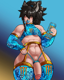 abs black_hair blue_lipstick clothing facial_piercing femboy genitals hair legwear lipstick looking_at_viewer makeup male muscular muscular_femboy muscular_male nose_piercing orange_eyes penis penis_poking_out piercing smile solo thick_thighs thigh_highs axred7 monster_energy animal_humanoid humanoid 4:5 absurd_res hi_res