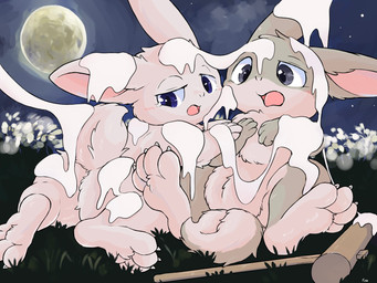 3_toes ambiguous_gender anthro anus blue_eyes blush butt claws countershading detailed_background duo featureless_crotch feet fingers flower food full_moon fur grass grey_body grey_eyes grey_fur grey_tail head_tuft looking_at_another lying messy mochi moon multicolored_body multicolored_fur narrowed_eyes night nude on_front on_side open_mouth outside paws pink_body pink_fur pink_inner_ear plant purple_eyes semi-anthro short_tail sitting sky spread_legs spreading star starry_sky suggestive_fluid tail teeth toe_claws toes tongue tuft two_tone_body two_tone_fur white_body white_claws white_fur fusau lagomorph leporid mammal rabbit 2023 4:3 detailed digital_media_(artwork) hi_res signature