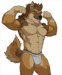 abs anthro biceps biped black_nose blue_eyes brown_body brown_fur bulge clothed clothing flexing fur jockstrap looking_at_viewer male muscular muscular_anthro muscular_male pecs simple_background smile solo standing teeth topless underwear white_background yellow_sclera aluminemsiren canid canine canis domestic_dog german_shepherd herding_dog mammal pastoral_dog hi_res