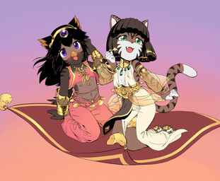 anthro beak biped black_body black_feathers black_hair black_nose black_stripes blue_eyes bottomwear bracelet brown_body brown_countershading brown_feathers brown_fur claws clothed clothing countershade_face countershade_fur countershade_torso countershading crop_top cute_fangs dipstick_tail dreadlocks duo fangs feathers female fingerless_(marking) flat_chested flying fur gem hair jewelry leglet long_hair magic_carpet markings midriff navel necklace nipple_outline open_mouth open_smile pants red_bottomwear red_clothing red_crop_top red_pants red_shirt red_topwear red_vest sapphire_(gem) shirt short_hair simple_background smile striped_body stripes tail tail_markings teeth topwear vest white_body white_clothing white_countershading white_fur white_markings young young_anthro young_female tedd77 ambiguous_species avian bird domestic_cat felid feline felis mammal 2026 hi_res