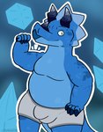 anthro blue_body bulge claws clothed clothing crystal detailed_bulge flexing ice male muscular muscular_anthro muscular_male musculegut non-shaded overweight prehistoric snout solo topless topless_anthro topless_male underwear underwear_only outbackdile ceratopsian dinosaur ornithischian prehistoric_species reptile scalie triceratops simple 2025 colored digital_drawing_(artwork) digital_media_(artwork) hi_res watermark