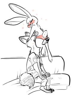 anthro blush bottomwear claws clothed clothing drunk duo eyes_closed facesitting female furniture long_ears male pants scut_tail shirt short_tail simple_background sitting sitting_on_another sofa substance_intoxication tail topwear underwear vertical_bar_eyes white_background nobby_(artist) disney zootopia judy_hopps nick_wilde canid canine fox lagomorph leporid mammal rabbit red_fox true_fox hi_res sketch