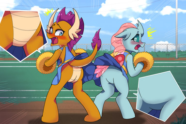 anthro biped blue_body blue_eyes blue_sclera blush cheerleader cheerleader_outfit clothed clothing duo embarrassed featureless_crotch female no_underwear null orange_body outside pom_poms public public_exposure raised_tail stadium standing tail tail_under_skirt tail_upskirt upskirt euf-dreamer friendship_is_magic hasbro my_little_pony ocellus_(mlp) smolder_(mlp) arthropod changeling_(mlp) equid equine horse mammal pony reformed_changeling 2021 3:2