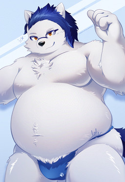 anthro asian_clothing belly big_belly blue_clothing blue_hair blue_underwear brown_eyes clothed clothing east_asian_clothing eyewear fundoshi fundoshi_only fur glasses grey_body grey_fur hair japanese_clothing male obese obese_male overweight overweight_anthro overweight_male solo topless underwear underwear_only wearing_glasses white_body white_fur littlehyper canid canine canis domestic_dog mammal nordic_sled_dog samoyed spitz hi_res