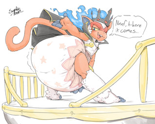 anthro big_diaper blue_eyes blush cape clothed clothing crown dialogue diaper feces fire flaming_hair fur headgear huge_diaper hunched_over looking_back male multicolored_body multicolored_fur orange_body orange_fur pooping print_diaper pseudo_hair rear_view simple_background smile soiled_diaper soiling soiling_diaper solo standing text unclean_diaper used_diaper wearing_diaper white_background white_body white_fur sophiepoof nintendo pokemon king_chance generation_4_pokemon infernape pokemon_(species) 2025 colored english_text full-length_portrait hi_res portrait signature