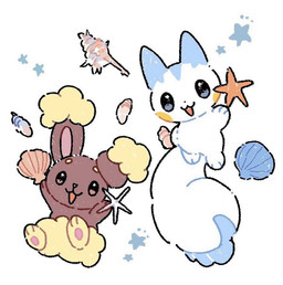 ambiguous_gender blue_body blue_ears blue_eyes blue_markings blue_tail brown_body brown_eyes cheek_spots conch duo ear_tuft facial_markings feral fluffy fur head_markings holding_object holding_seashell looking_at_viewer markings multicolored_body open_mouth open_smile pawpads paws pink_inner_ear pink_pawpads seashell shell simple_background smile star tail tan_body tan_fur tuft two_tone_tail white_background white_body white_tail yellow_markings namyu_usa nintendo pokemon asterozoan buneary echinoderm generation_4_pokemon lagomorph mammal marine pachirisu pokemon_(species) rodent sciurid starfish digital_media_(artwork)