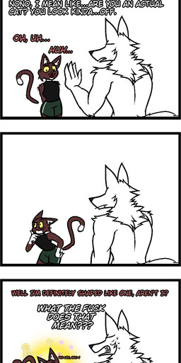 anthro clothing detached_tail dialogue dipstick_tail duo femboy fur humor male markings maroon_fur multicolored_body multicolored_fur profanity tail tail_markings text two_tone_body two_tone_fur white_body white_fur yellow_eyes justniku niku_(justniku) canid canine canis domestic_cat felid feline felis mammal wolf comic english_text hi_res