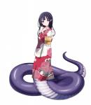 apode asian_clothing blush clothed clothing clothing_cord east_asian_clothing female floral_print hair japanese_clothing kimono legless long_hair looking_at_viewer monster_girl_(genre) multicolored_clothing obi obijime pink_clothing purple_body purple_eyes purple_scales scales serpentine simple_background smile solo split_form ventral_scales white_background white_clothing yellow_clothing l線上の魔王さま! draconcopode lamia reptile scalie snake 2017 hi_res