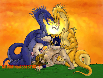 anal anal_penetration balls blonde_hair blue_body blue_hair bodily_fluids claws countershading cum cum_while_penetrated cumshot ejaculation entwined_tongues erection foursome genital_fluids genitals grass group group_sex hair hand_on_chest hand_on_head hands-free humanoid_genitalia humanoid_penis interlocked_fingers interspecies long_hair long_tongue male male/male male_penetrated male_penetrating male_penetrating_male orgasm outside penetration penis plant pubes sex sky sunset tail tongue tongue_out yellow_body silvrain mythology dragon human mammal mythological_creature mythological_scalie scalie