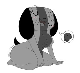 anthro arm_support big_breasts big_butt biped blush blush_lines breasts butt eyelashes female floating_eyebrows grey_body heart_symbol kneeling motion_lines nipple_outline simple_background solo speech_bubble white_background jinu nintendo nintendo_switch switch_dog canid canine canis domestic_dog mammal 2017 digital_drawing_(artwork) digital_media_(artwork) english_description