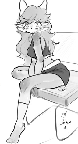 anthro bottomwear bra clothing female footwear hair logo long_hair looking_at_viewer shorts sitting socks solo sports_bra underwear kennymlgb25 felid mammal 2025 absurd_res hi_res