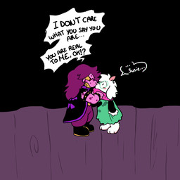 2_horns anthro blush blush_stickers clothed clothed_anthro clothed_female clothed_male clothing detailed_background dialogue duo ellipsis eye_contact eyewear female female_anthro floppy_ears fur glasses hair head_tuft holding_another horn interrobang long_hair looking_at_another male male/female male_anthro pink_body pink_horn pink_scales purple_hair red_eyes scales scarf speech_bubble spots spotted_arms spotted_face talking_to_another text tuft wearing_glasses white_body white_fur worried yellow_sclera msmimundo deltarune undertale_(series) ralsei susie_(deltarune) bovid caprine darkner goat mammal scalie 1:1 2026 digital_drawing_(artwork) digital_media_(artwork) english_text hi_res
