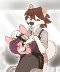 anthro barber duo female hair personal_grooming sitting social_grooming styling_hair wick_(artist) joel_(wick) maisie_whisk canid canine canis domestic_dog korean_jindo mammal mouse murid murine rodent spitz 2020 digital_media_(artwork)