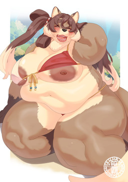 anthro areola areola_slip belly big_areola big_belly big_breasts bikini black_nose blush border breasts brown_body brown_fur brown_hair brown_nipples clothing day deep_navel eyelashes eyes_closed eyeshadow fangs female female_anthro fur glistening glistening_body glistening_breasts glistening_fur hair huge_belly huge_breasts long_hair makeup navel nipple_slip nipples open_mouth outside overweight overweight_anthro overweight_female plant red_bikini red_clothing red_eyeshadow red_swimwear sitting smile solo swimwear tail teeth thick_thighs tree two-piece_swimsuit white_bikini white_body white_border white_clothing white_fur white_hair_tips white_swimwear wide_hips sasanoha6011 tamaco_(sasanoha6011) canid canine fox mammal raccoon_dog tanuki absurd_res hi_res