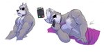 anthro bedding blanket electronics fur grey_body grey_fur male muscular muscular_anthro muscular_male phone solo waffle_(artist) nintendo star_fox wolf_o'donnell canid canine canis mammal wolf