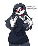 anthro blush eyewear female glasses office_lady small_waist solo text thick_thighs wide_hips pace-maker helluva_boss octavia_(helluva_boss) avian bird demon owl english_text