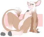 anthro arm_support blue_eyes blush breasts cloven_hooves female genitals hair hooves looking_at_viewer nipples nude pussy simple_background small_breasts solo tail tail_tuft tuft wide_hips coffaefox bovid bovine cattle mammal digital_media_(artwork) watermark