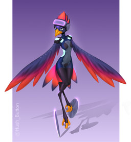 anthro avian_feet beak blue_eyes border feathered_wings feathers featureless_chest female flat_chested front_view gradient_background looking_at_viewer multicolored_body multicolored_feathers purple_background red_body red_feathers simple_background skinny skinny_female solo tail tail_feathers visor white_border winged_arms wings hush_button igniz_(zekaire) avian bird absurd_res hi_res