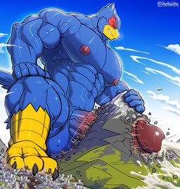 aircraft anthro beak big_penis blue_body bodily_fluids city clenched_teeth cum cum_on_ground destruction erection excessive_cum excessive_genital_fluids eyes_closed feathers genital_fluids genitals giga helicopter hyper macro male mountain muscular muscular_male orgasm penetration penis precum solo teeth vehicle darkai nintendo star_fox falco_lombardi avian bird hi_res