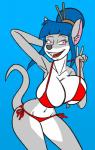 anthro big_breasts bikini bikini_bottom bikini_top blue_hair breasts buckteeth clothed clothing female fur grey_body grey_fur hair navel pink_eyes rat_tail red_bikini red_bikini_bottom red_bikini_top red_clothing red_swimwear side-tie_bikini side-tie_clothing side-tie_swimwear simple_background strap_pull string_bikini swimwear tail teasing teeth tied_bikini tied_clothing triangle_bikini two-piece_swimsuit zipper_pull_tab creatiffy geronimo_stilton_(series) thea_sisters violet_(thea_sisters) mammal mouse murid murine rodent hi_res