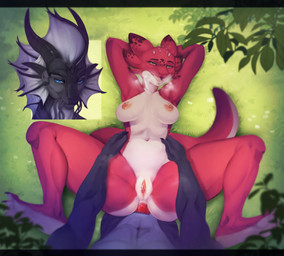 anal anal_penetration anthro areola bedroom_eyes belly black_body black_scales blue_eyes blush bodily_fluids breasts butt claws detailed_background duo female female_penetrated first_person_view genital_fluids genitals grass green_eyes half-closed_eyes horn looking_at_viewer lying lying_on_grass male male/female male_penetrating male_penetrating_female narrowed_eyes nature navel nipples non-mammal_breasts non-mammal_navel non-mammal_nipples non-mammal_vulva nude offscreen_male on_back on_grass on_ground open_mouth penetration penile penile_penetration penis penis_in_ass pink_body pink_scales plant pov_hands red_penis scales seductive sex smile spikes spots spread_legs spreading tail teeth vulva whiskers white_belly wanderertamplior european_mythology mythology vaartok dragon kobold mythological_creature mythological_scalie scalie western_dragon digital_media_(artwork) hi_res