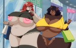 anthro belly big_breasts black_clothing black_hair bottomwear breasts brown_body brown_fur clothing container cup curvy_figure denim drinking duo eyes_closed female fur hair holding_bag holding_container holding_cup holding_object huge_breasts navel nipples obese overweight overweight_female pink_nipples red_eyes red_hair retro_anime_style shorts thick_thighs under_boob venus_figure voluptuous walking wide_hips yellow_clothing fenrir_brown fenrie_(fenrir_brown) canid canine canis mammal wolf digital_media_(artwork) hi_res