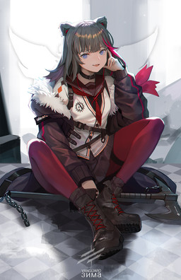 axe black_hair blue_eyes boots clothing collar cute_fangs fangs female footwear hair highlights_(coloring) jacket melee_weapon open_mouth red_highlights shoes sitting smile solo teeth topwear weapon sl86 arknights hypergryph studio_montagne zima_(arknights) animal_humanoid bear humanoid mammal mammal_humanoid ursid_humanoid 2020 hi_res