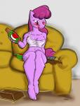 2014 alcohol anthro anthrofied berry_punch_(mlp) beverage biped blush bottle bottomless breasts cider cleavage clothed clothing container drunk earth_pony equid equine female friendship_is_magic furniture hair hasbro horse looking_at_viewer mammal my_little_pony nipples pink_hair pony purple_eyes sitting skimpy sofa solo substance_intoxication theburningdonut tongue tongue_out whiskey