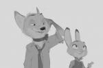 anthro bulletproof_vest clothed clothing collar dipstick_ears duo ear_markings female gesture grey_background hand_gesture male multicolored_ears necktie pointing police police_uniform shock_collar simple_background uniform monoflax disney zootopia judy_hopps nick_wilde canid canine fox lagomorph leporid mammal rabbit red_fox true_fox 2018 greyscale hi_res monochrome