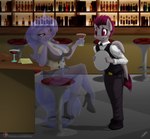 alcohol anthro bar bar_stool beverage black_hair blue_body blue_hair breasts clothed clothing duo eye_contact female footwear fully_clothed furniture grey_body hair high_heels horn inside lidded_eyes looking_at_another male shoes sitting stool wine wings miniferu hasbro my_little_pony mythology fan_character mariah_wolves equid equine ghost horse mammal mythological_creature mythological_equine pegasus pony spirit winged_unicorn