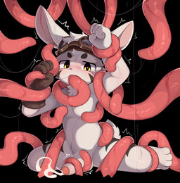 anthro balls black_background black_body black_fur blush bodily_fluids clothing crying cum cum_on_ground cumshot ejaculation erection eyewear fur genital_fluids genitals gloves goggles grey_body grey_fur handwear humanoid_genitalia humanoid_penis kemono male monotone_background oral oral_penetration penetration penis red_tentacles shaking shota simple_background slime solo tail tears tentacle_grab tentacle_in_mouth tentacle_penetration tentacles tentacles_around_arms tentacles_around_legs yellow_eyes young young_anthro young_male brukki_gunar mammal hi_res