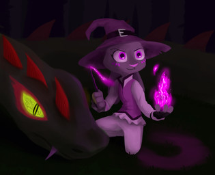 anthro clothed clothing dark duo female feral fire fully_clothed fur grey_body grey_fur hat headgear headwear holding_object kneeling magic pink_nose pupils purple_eyes slit_pupils wand witch_hat theblueberrycarrots disney zootopia judy_hopps waffle_(theblueberrycarrots) lagomorph leporid mammal rabbit reptile scalie snake absurd_res hi_res
