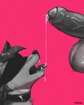 anthro ball_tuft balls bdsm big_penis black_hair blindfold bodily_fluids canine_nose collar cum cum_drip cum_in_mouth cum_inside cum_on_tongue drinking drinking_cum dripping duo erection foreskin genital_fluids genitals glans hair humanoid_genitalia humanoid_penis humiliation magenta_background male male/male master/pet open_mouth penis pink_background saliva sharp_teeth side_view simple_background size_difference teeth tongue tuft vein veiny_penis rovindeer alex_(rovindeer) ambiguous_species canid canine canis mammal wolf artist_name greyscale hi_res monochrome